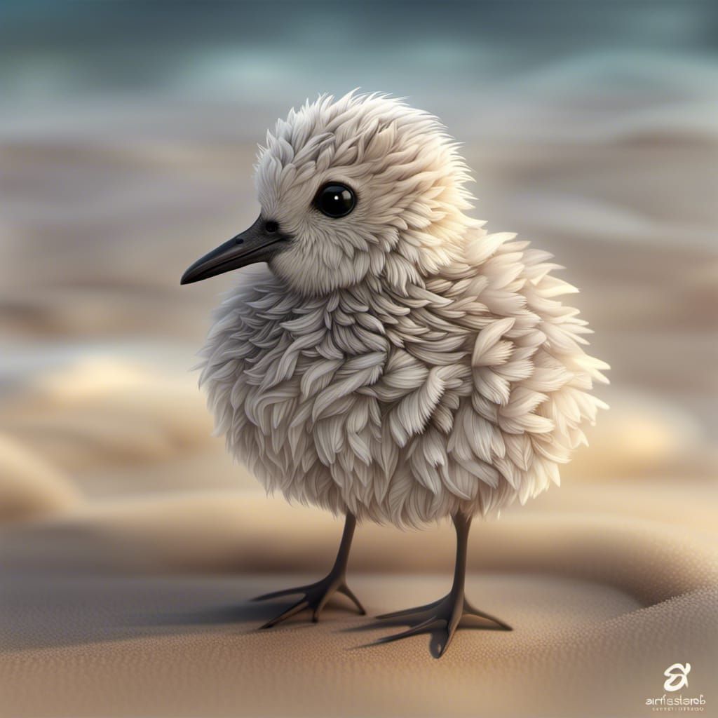 Chibi Sandpiper Baby on a Beach in 3D