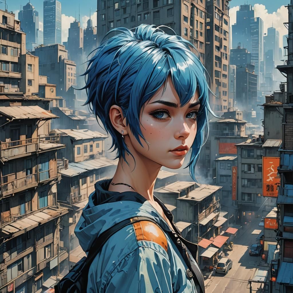 Blue-Haired Woman in Urban Anime Style