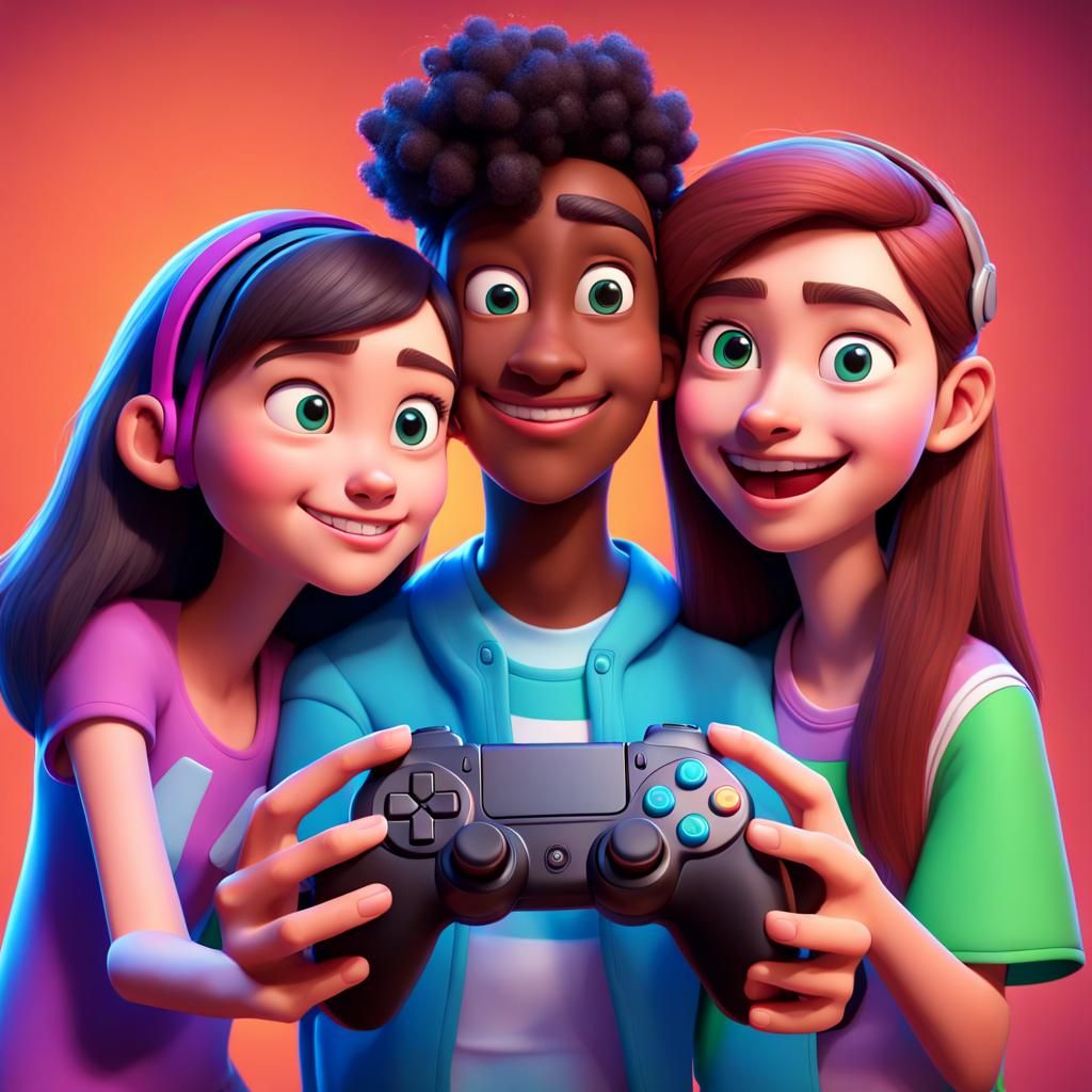 Teenagers Playing Video Games as 3D Digital Art