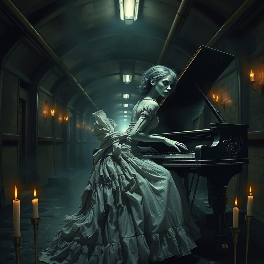 Elegant Zombie Pianist in Abandoned Subway, Dark Romanticism