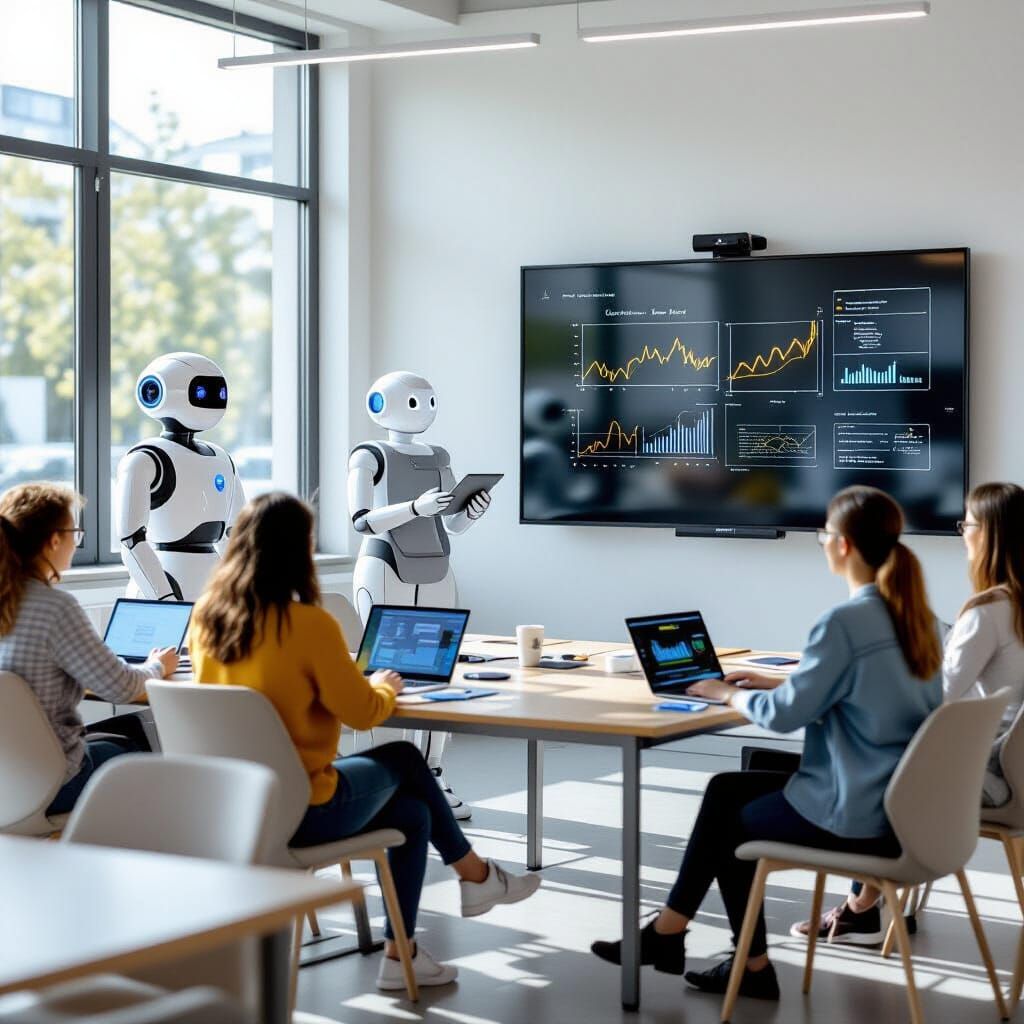 Modern Classroom with Robot Assistant in Natural Light