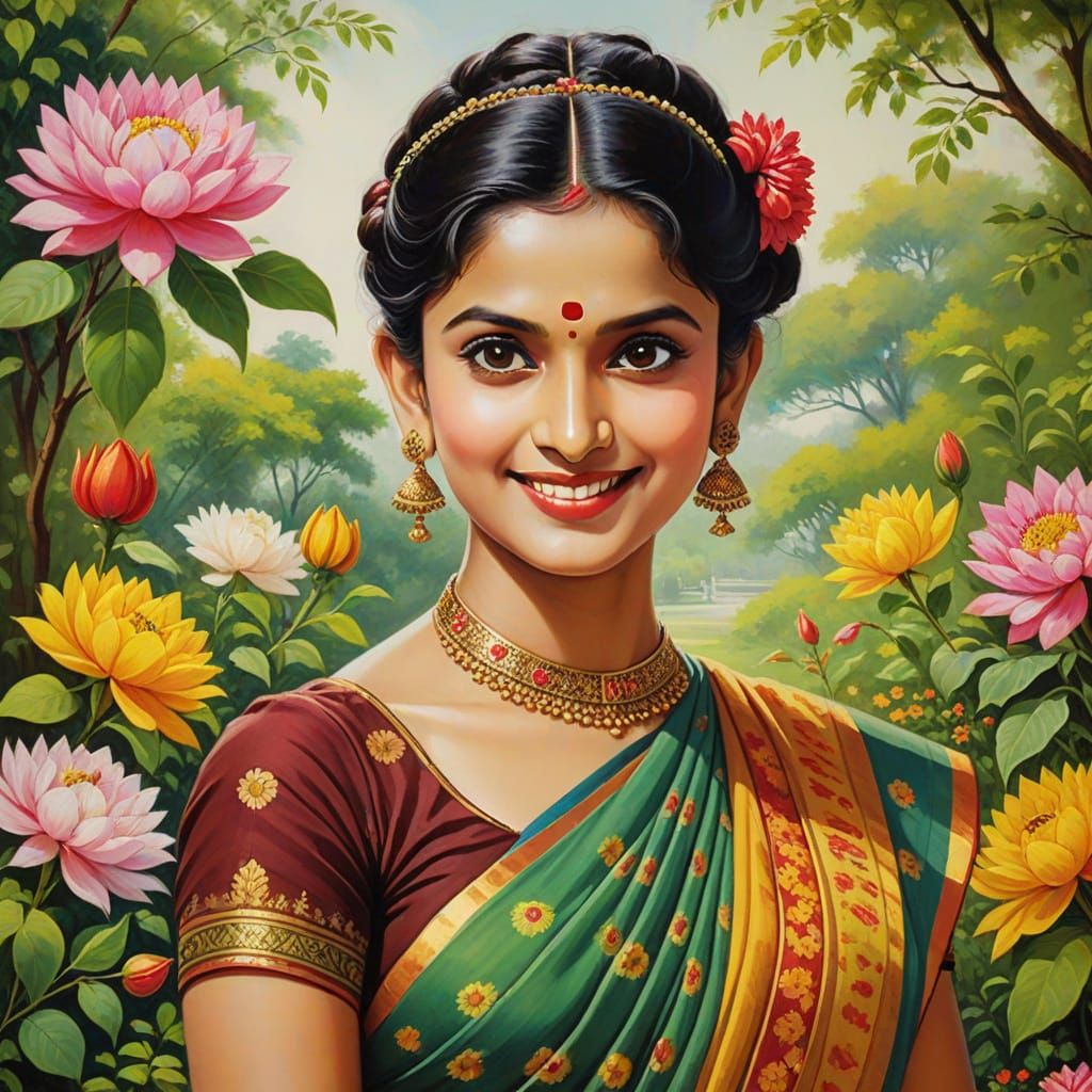 Indian Goddess in Vibrant Saree, Surrounded by Blooming Flow...