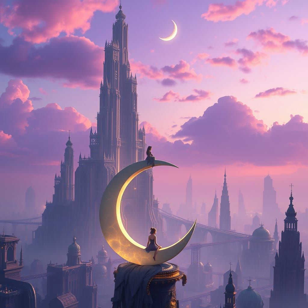 Dreamlike Cityscape with Serene Girl on Crescent Moon