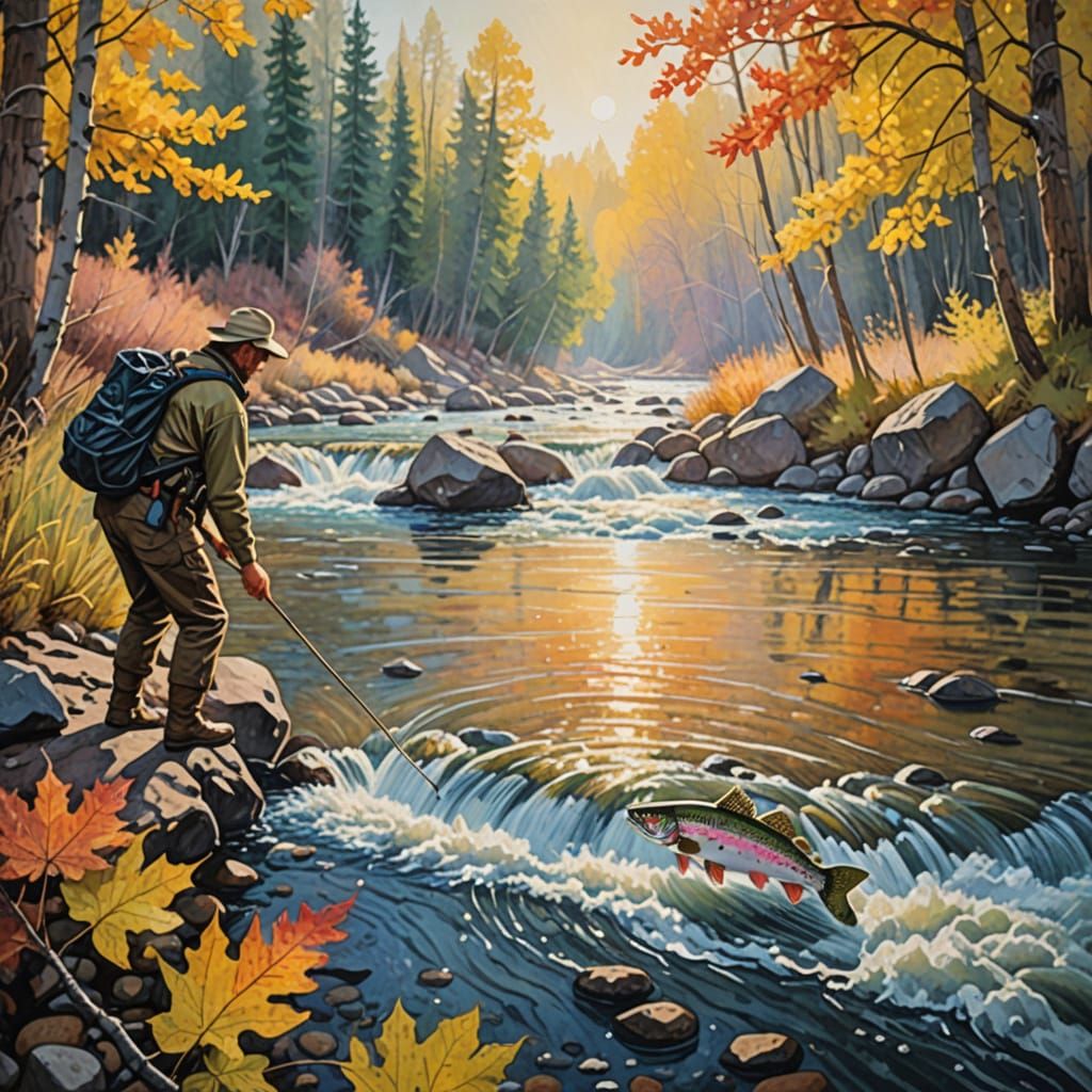 Fisherman Catching Trout in Montana Creek as Impasto Paintin...