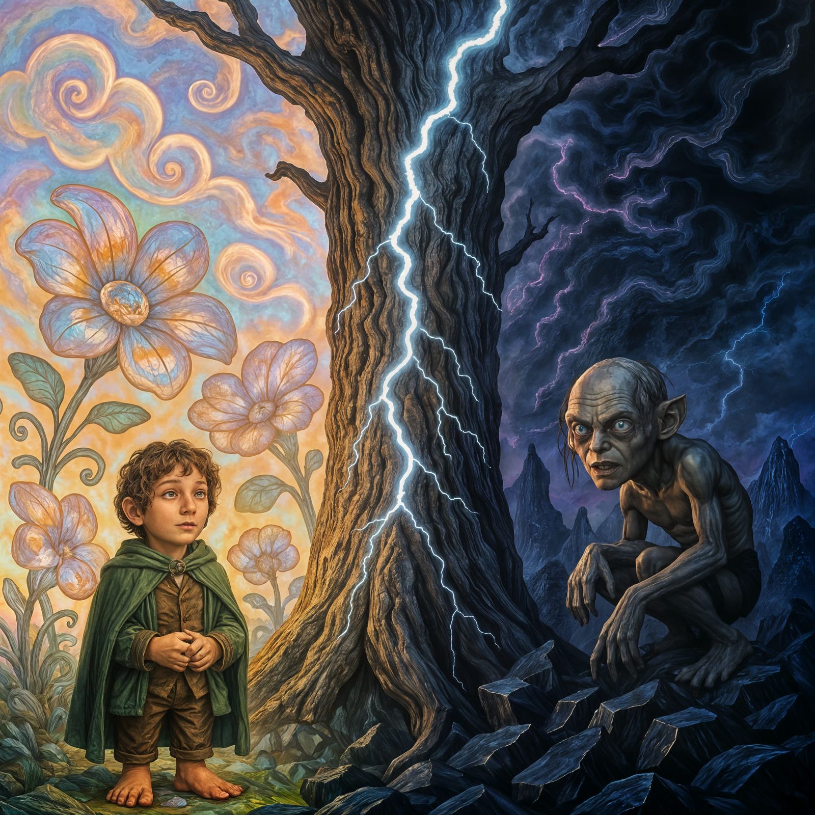 A massive tree stands in the middle, split in two by a crack...