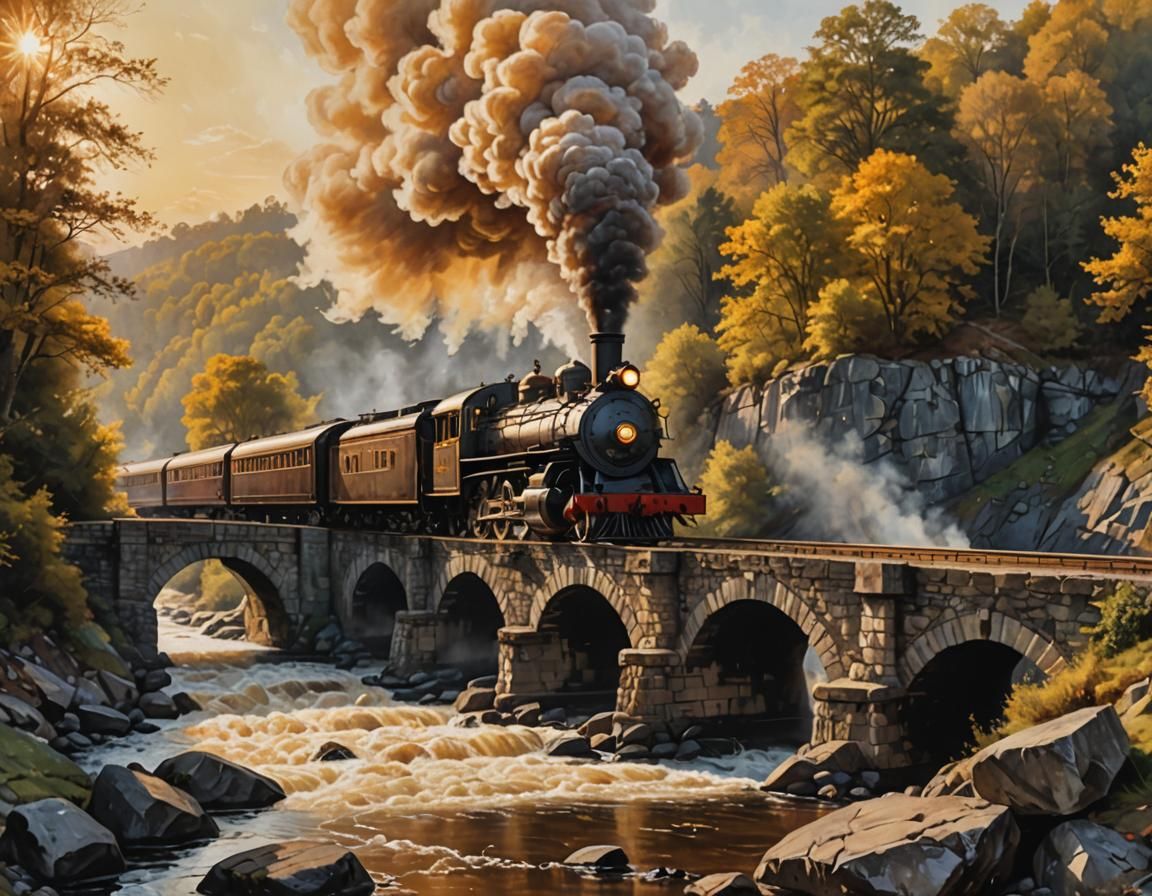 Steam Train Over Stone Bridge Oil Painting