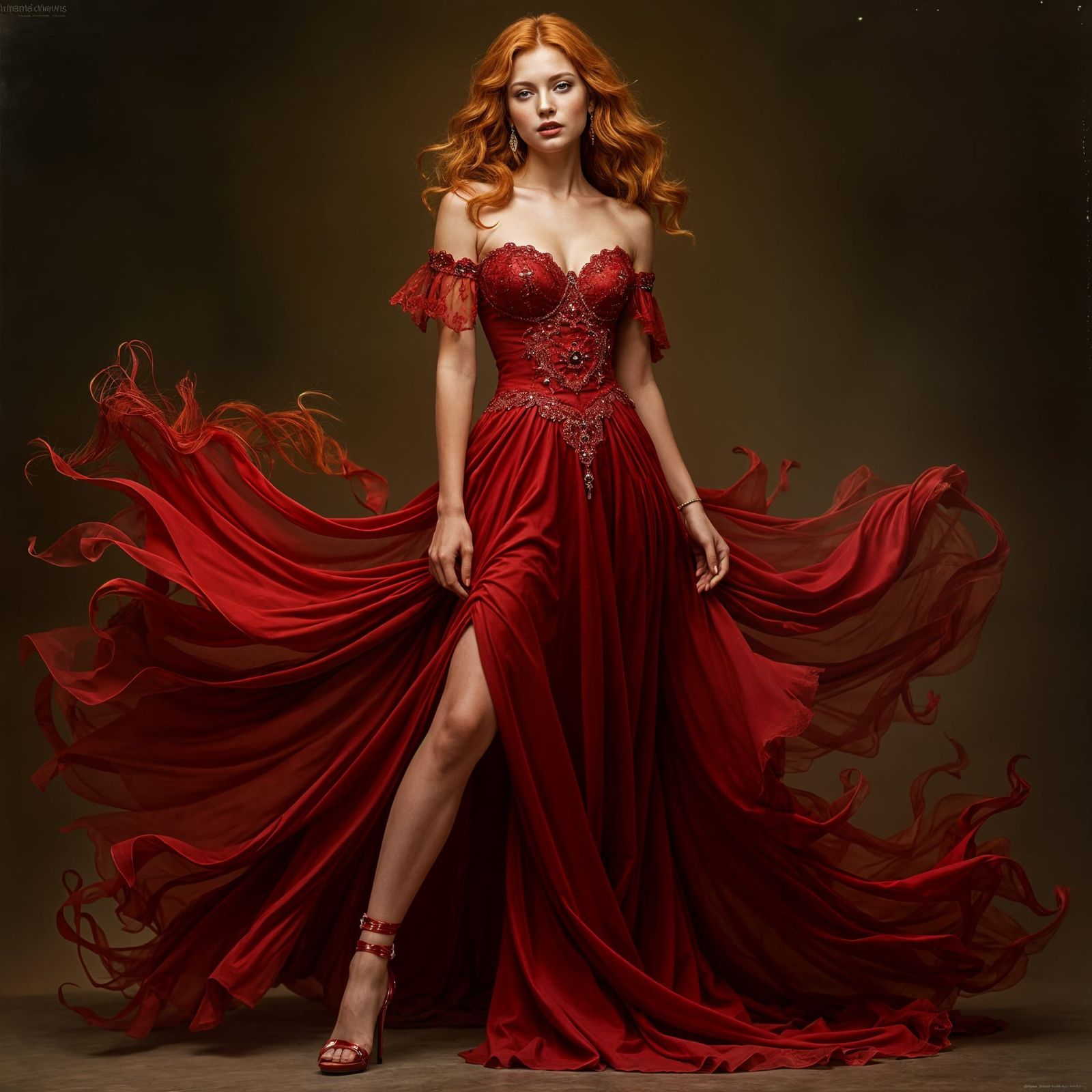 Elegant Red-Headed Woman in Flowing Crimson Dress