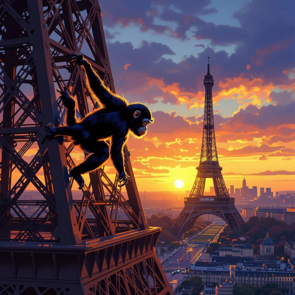 Spider Monkey Ascends Eiffel Tower at Sunset
