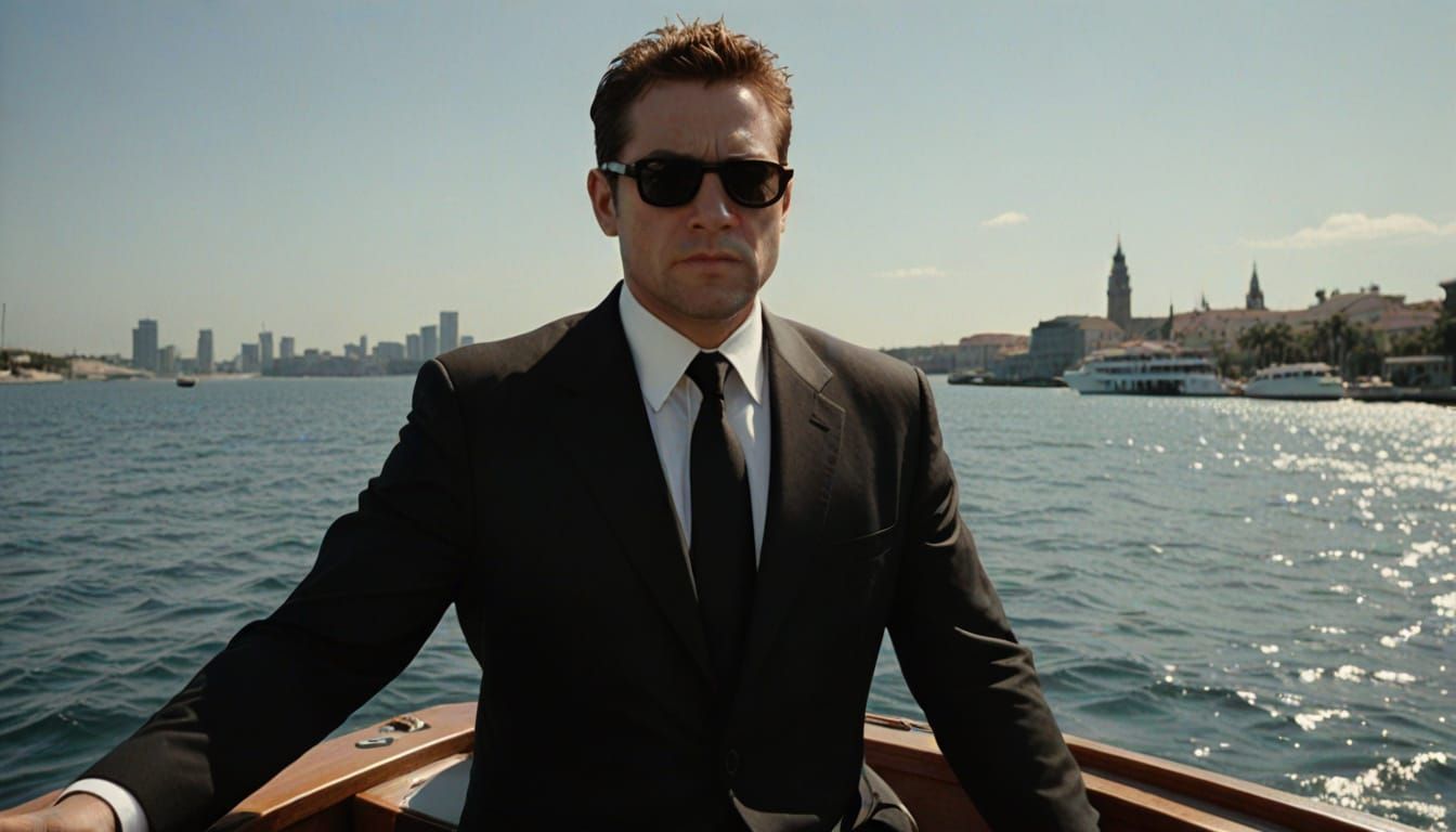 MIB Agent on a Boat in Sleek Black Suit