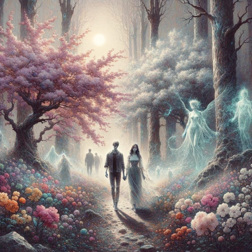 Mystical Forest Couple in Ethereal Pencil Sketch