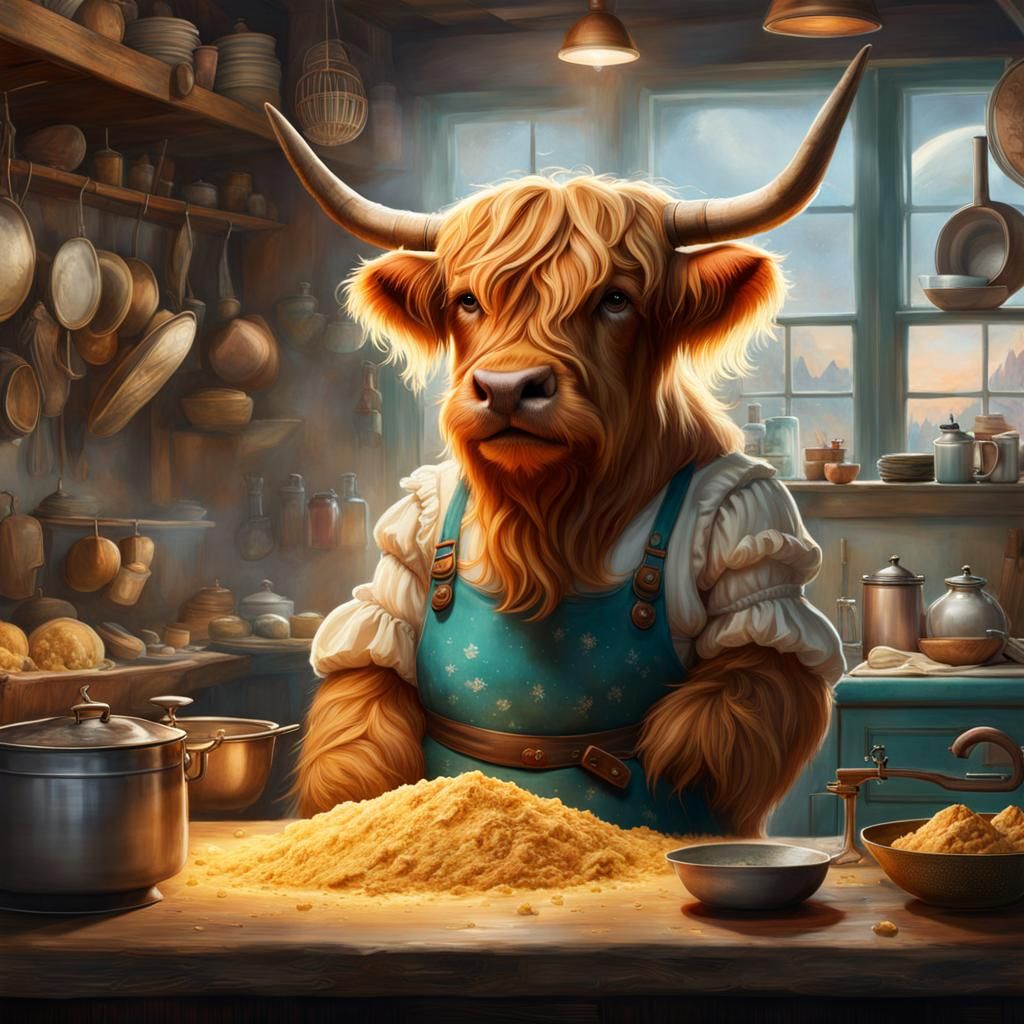 Anthropomorphic Highland Cow Kneading Dough in Kitchen