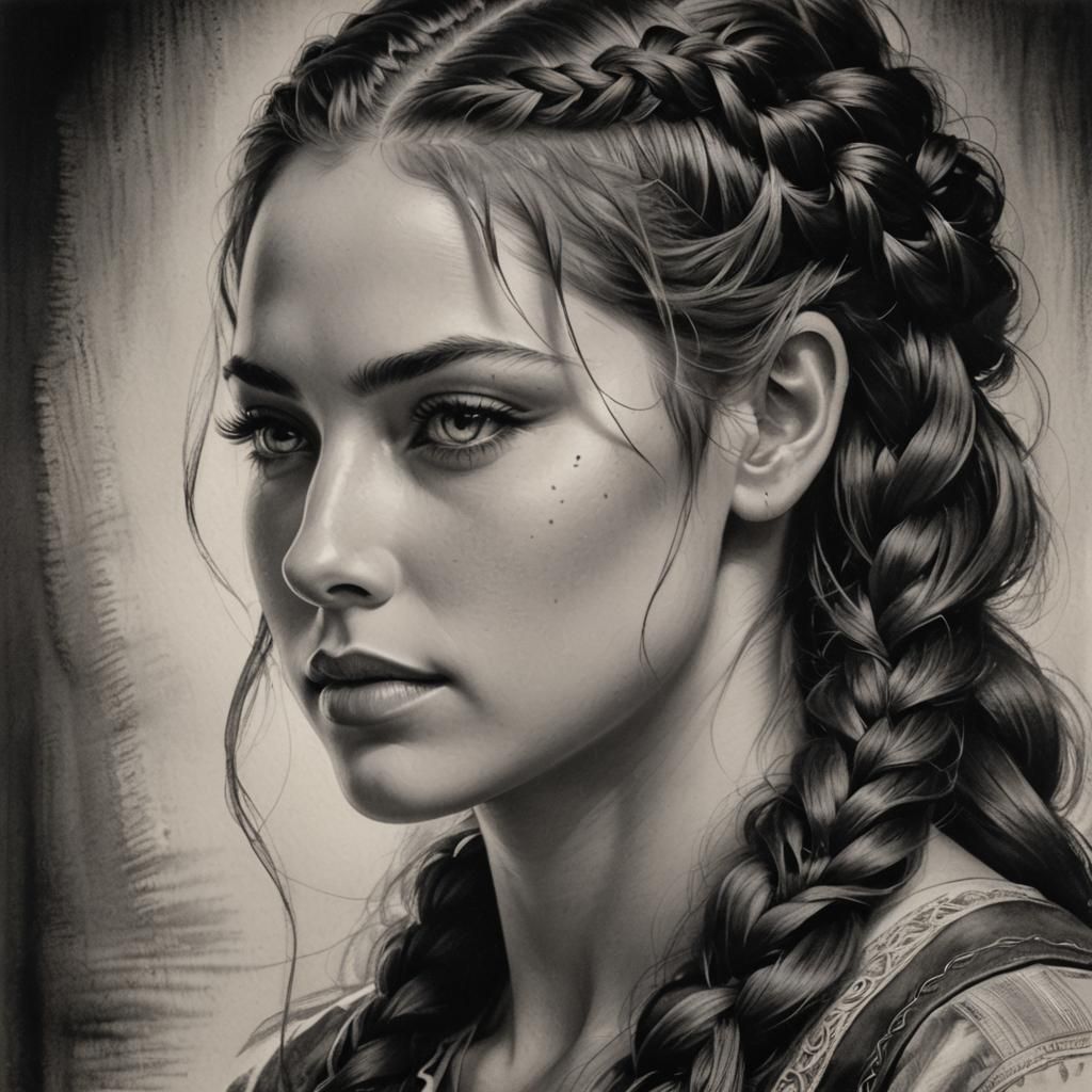 Elegant Woman with Braids: Charcoal Portrait