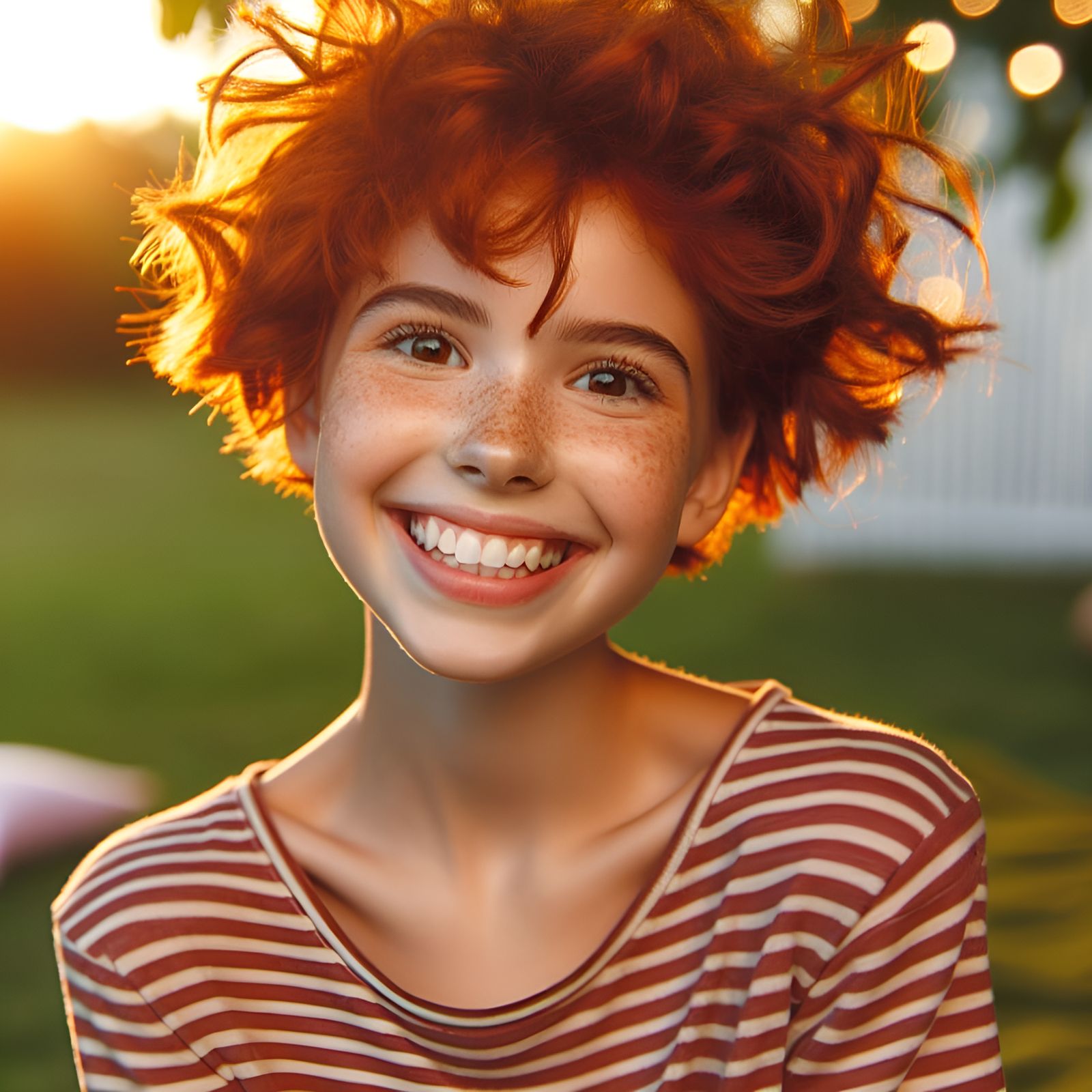 Super cute happy redhead short messy hair curly girl, summer...