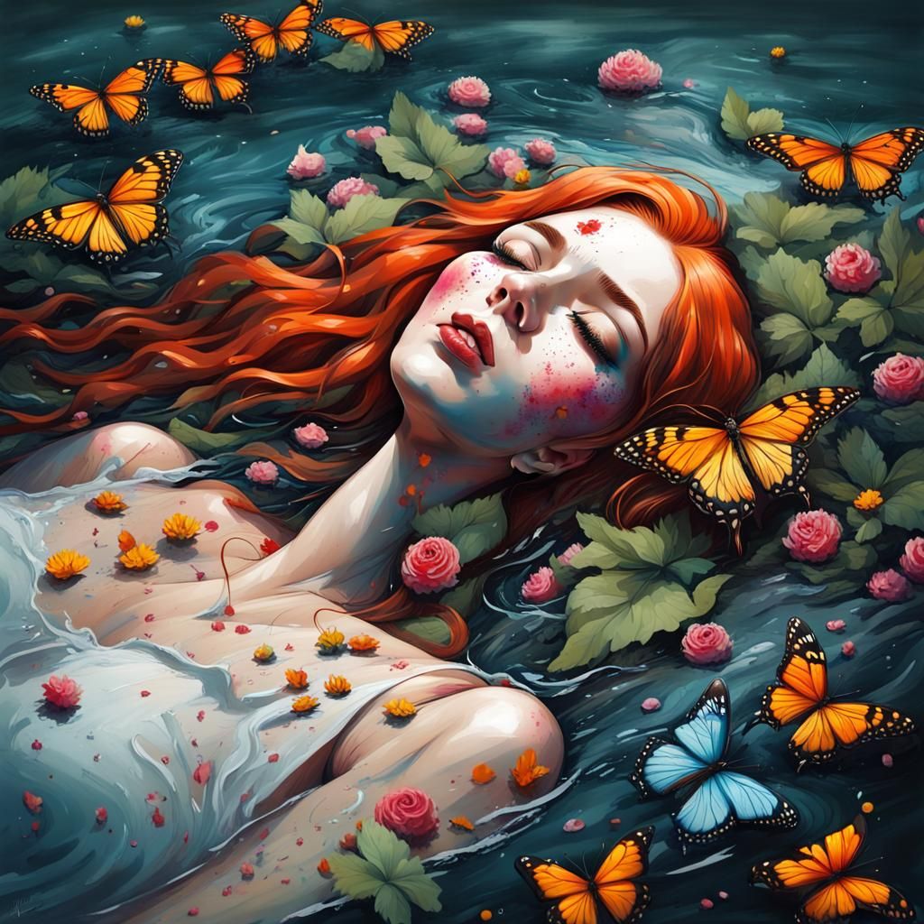 Ophelia: Redhead in River, Graffiti Art Style