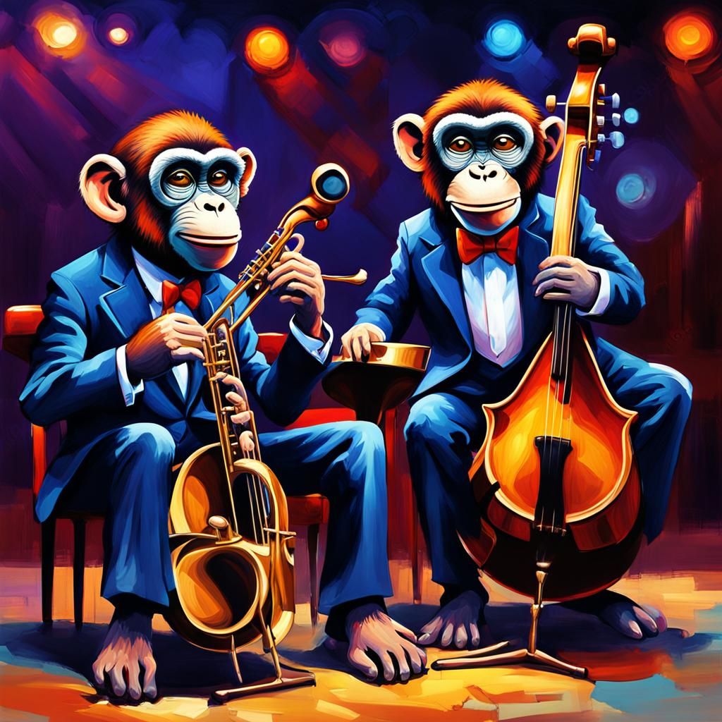 Create a vector illustration of 2 monkeys dressed in suits, ...