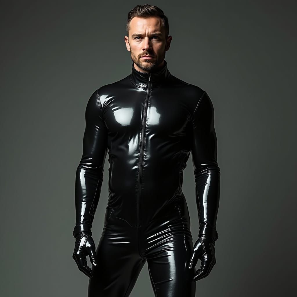 Man in Sleek Latex Outfit in Sci-Fi Style