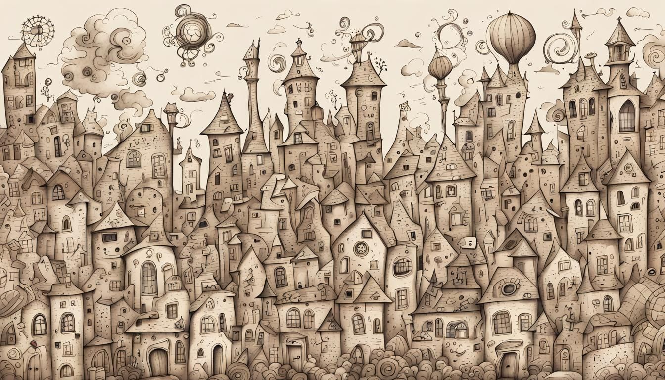 Doodle City with Steampunk Background on Vintage Paper