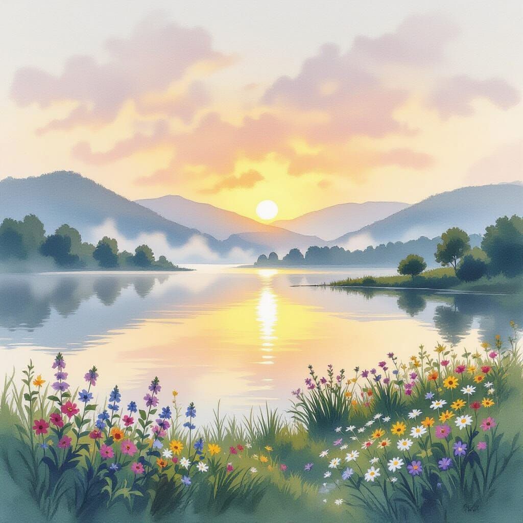 Dreamy Lakeside Sunrise in Watercolor Style