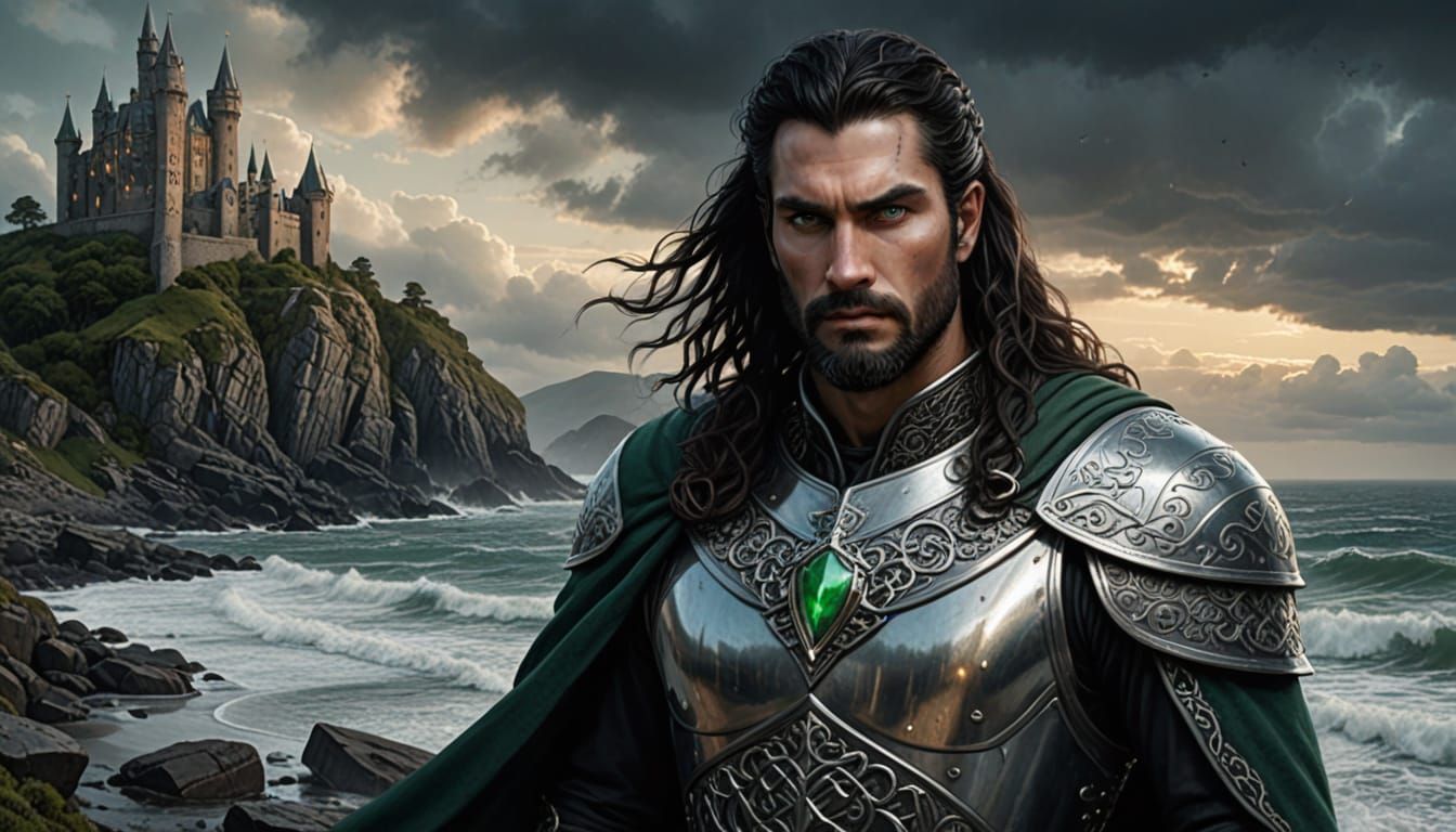 Gothic King in Love with Celtic Woman Amidst Rocky Shoreline