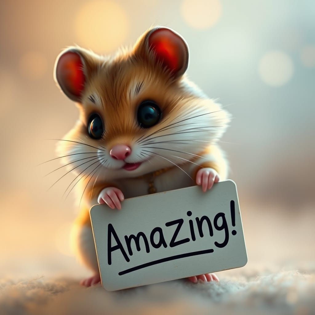 Whimsical Hamster Holds Sign in Dreamy, Mystical Landscape