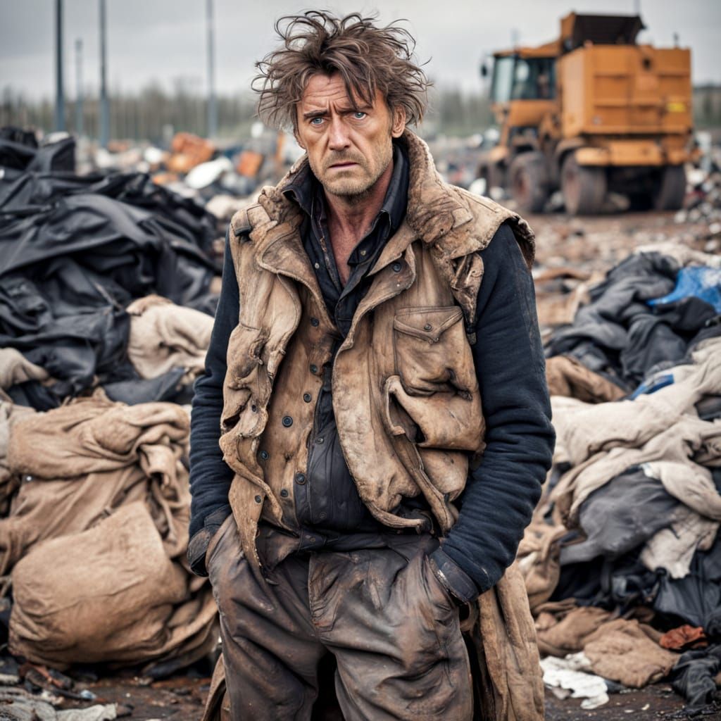 Exhausted Man at Waste Dump Site