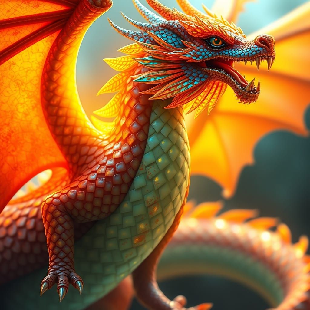 Radiant Dragon with Shimmering Scales in Retro Sci-Fi Style