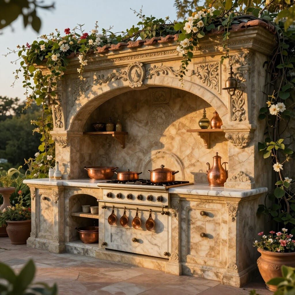 Renaissance Outdoor Kitchen Masterpiece in Golden Sunset Lig...