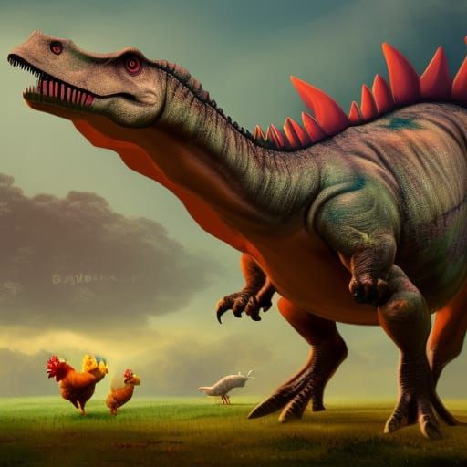 Dinosaur Rides Chicken to Picnic, Matte Painting