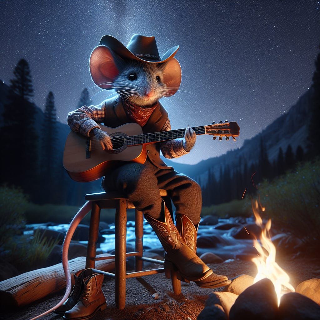 Surreal Cowboy Mouse Plays Guitar Under Starry Night Sky