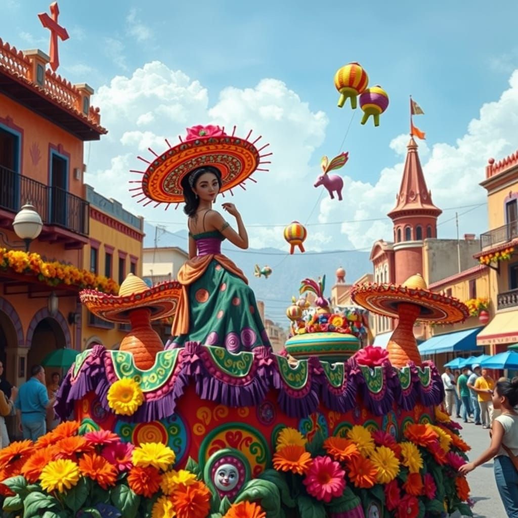 Vibrant Mexican Fiesta Float in Lively Town