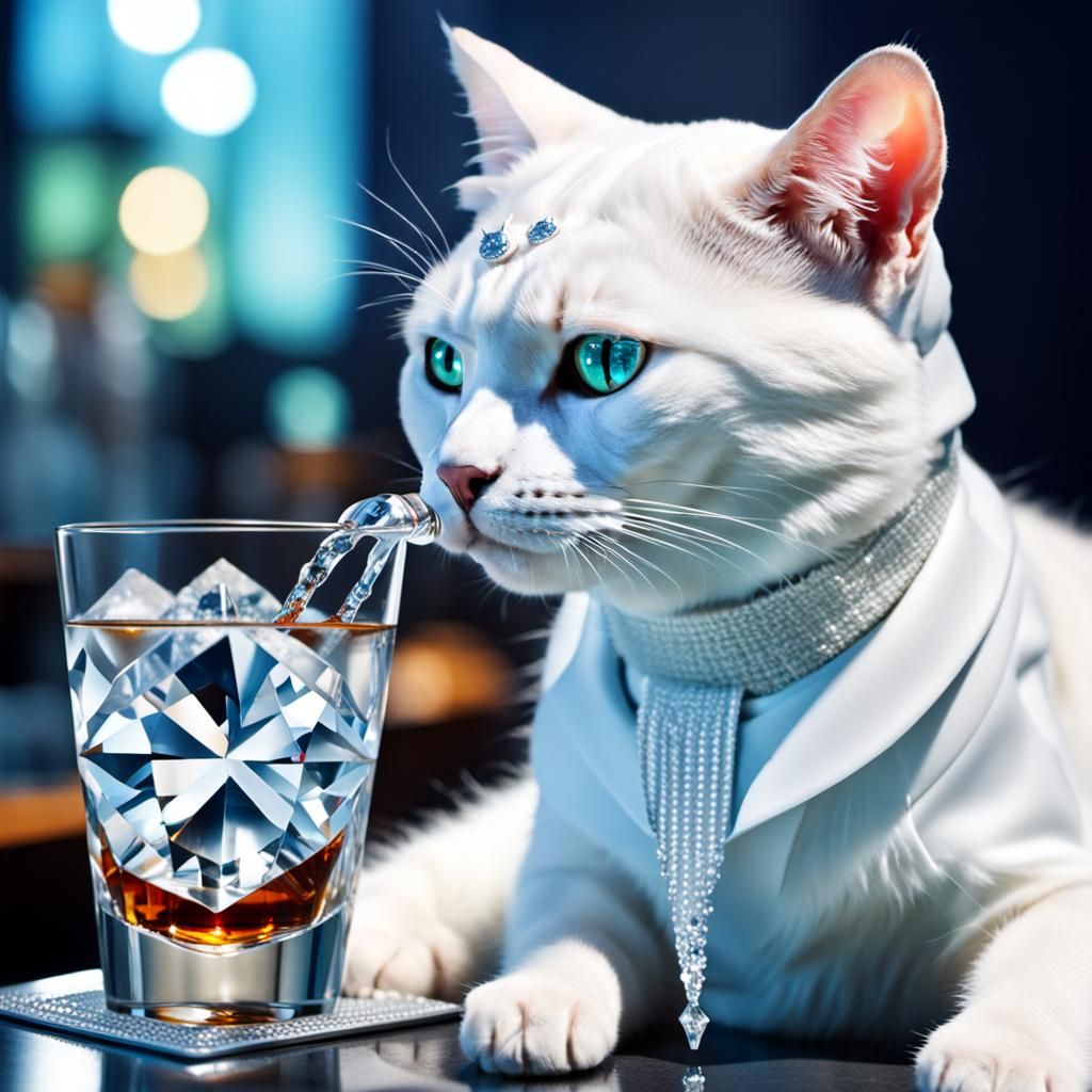 Diamond Cat Enjoying a Drink