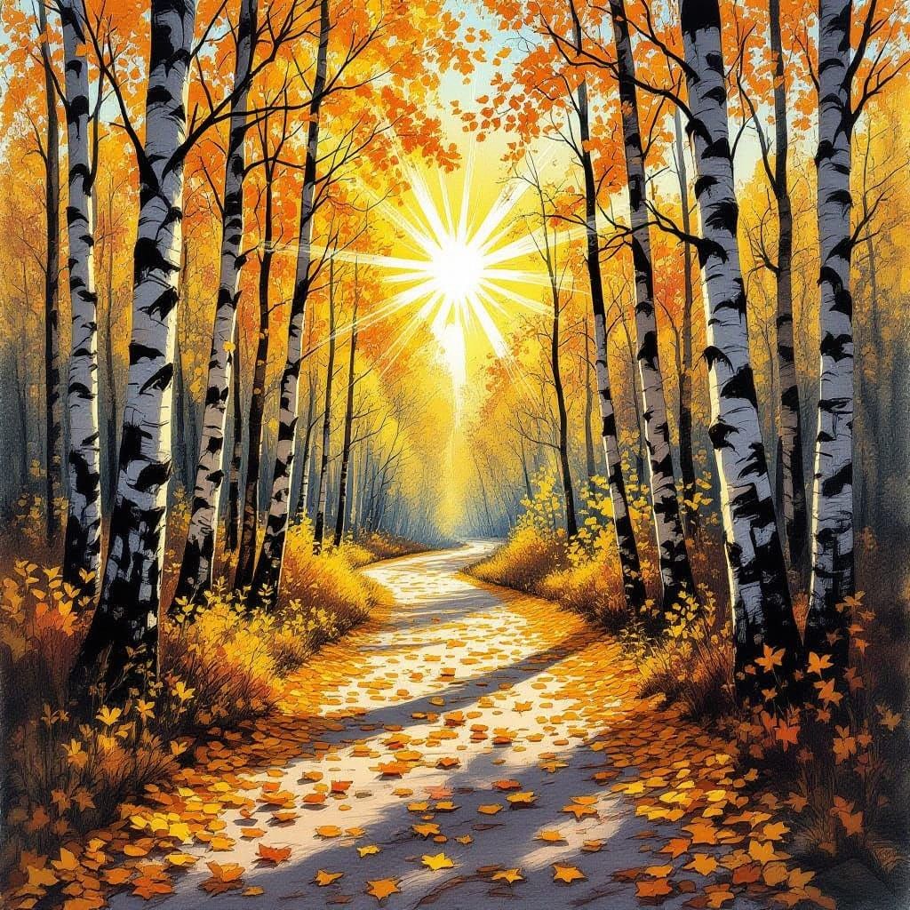 Autumn Forest Path Sketch in Pen and Ink Style