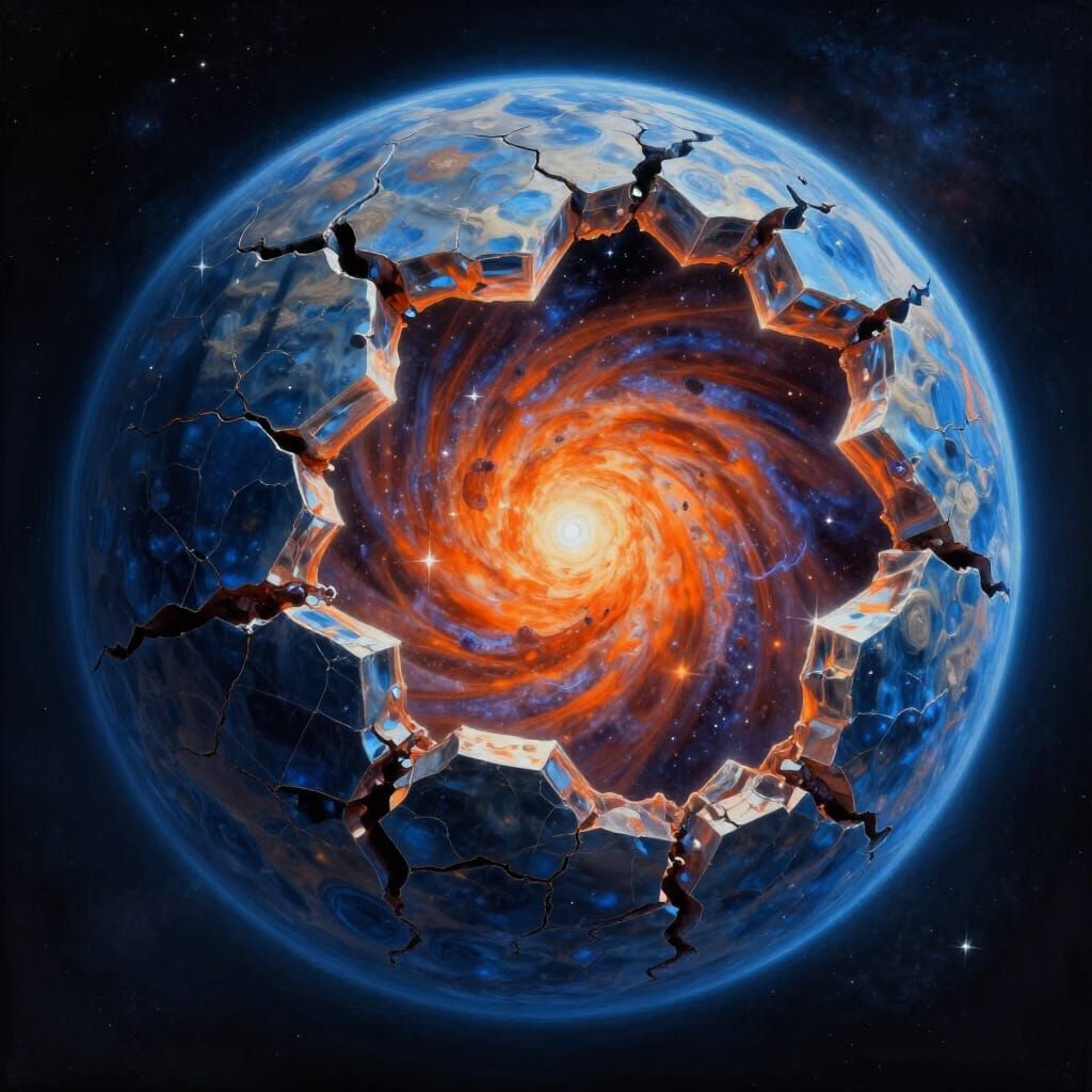Cracked Crystalline Planet Reveals Cosmic Nebula
