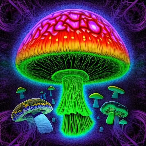 Psychedelic Neurographic Brain Mushroom Art