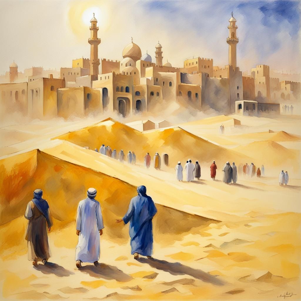 Arabian City Construction in Gouache Watercolor Style