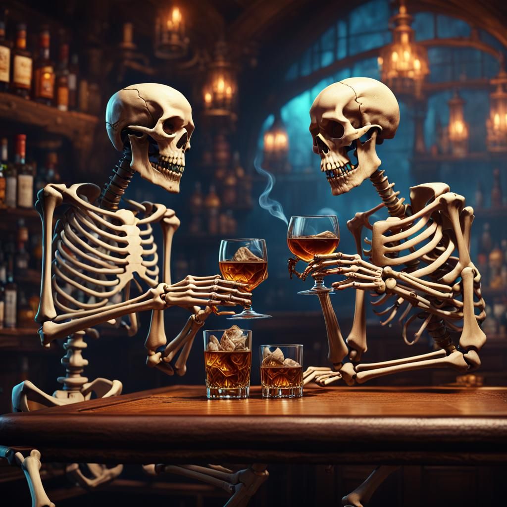two skeletons drinking whisky at a bar and smoking