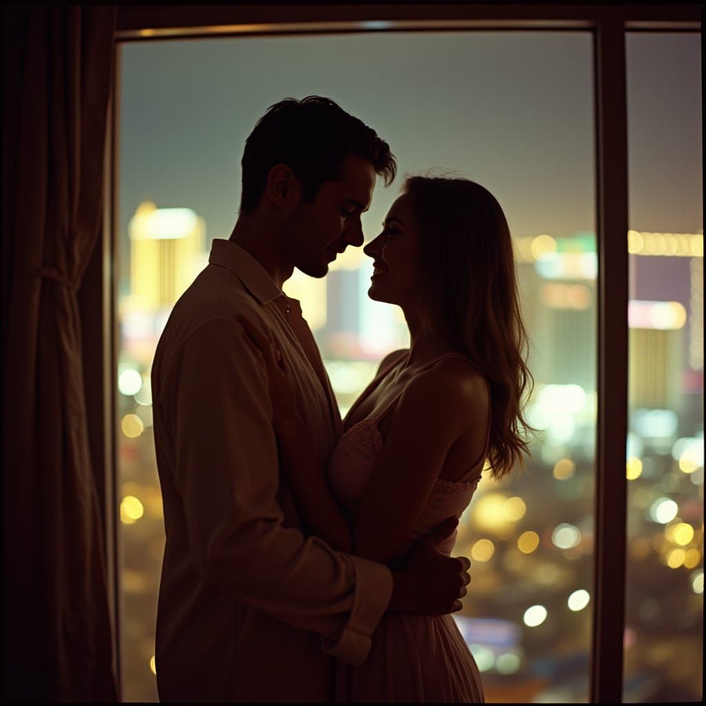 Intimate Couple Embrace with Las Vegas Cityscape View