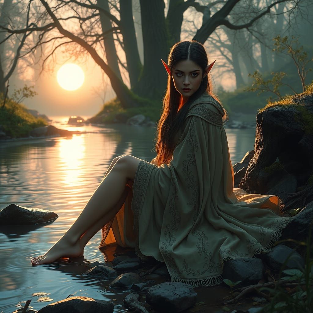 Ethereal Elf Woman in Fantasy Landscape