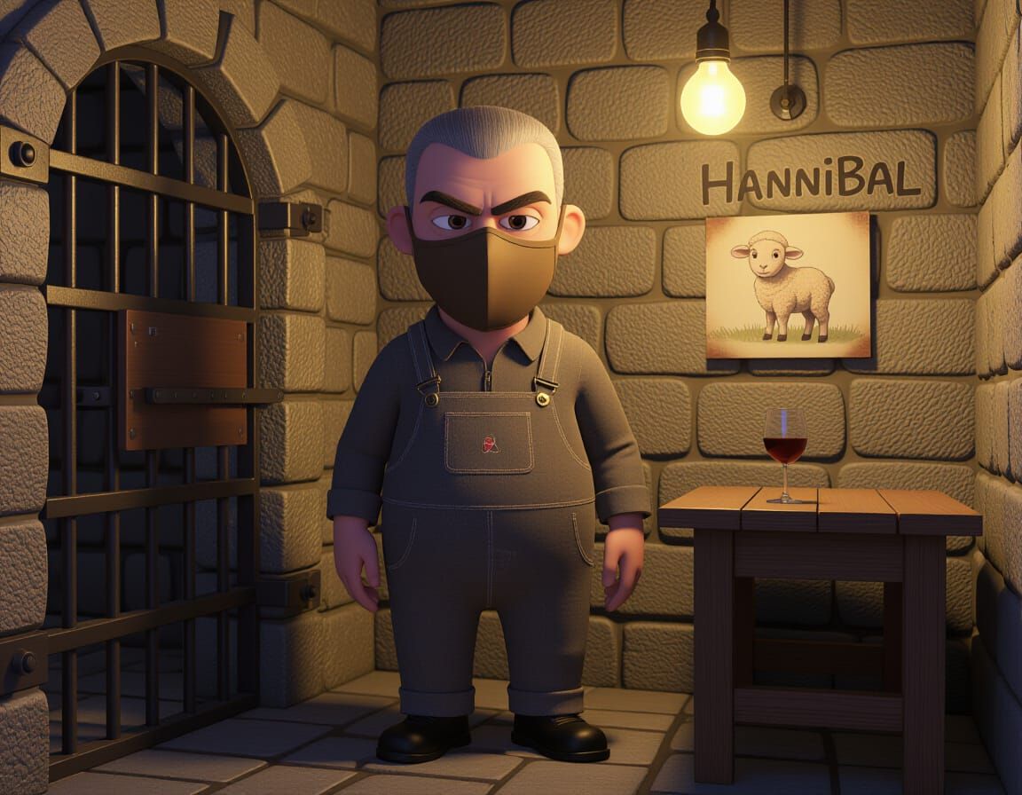 Pixar Style Old Man in Stone Cell, Hannibal Art