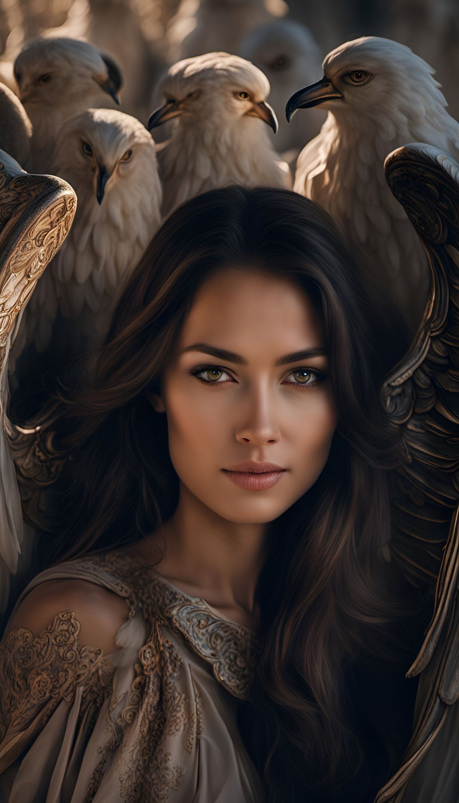 Beautiful Eurasian woman with hazel eyes sitting among her guiding angels