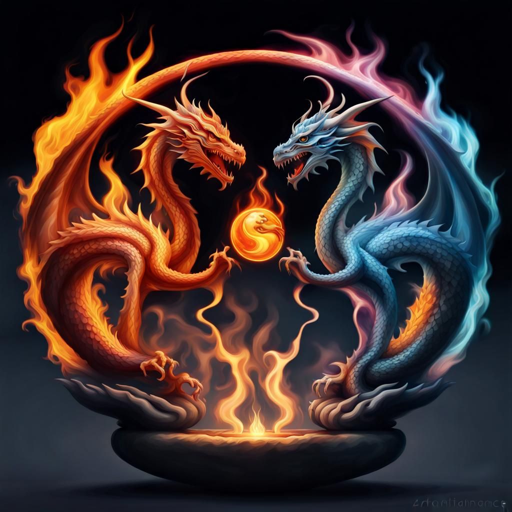 Flaming Yin-Yang Dragons of Balance and Zen