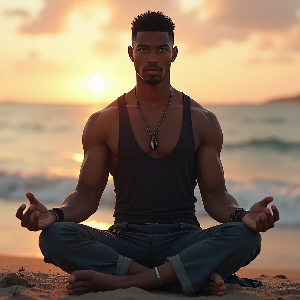 Vampire Hunter Meditating on Beach in Cinematic Style