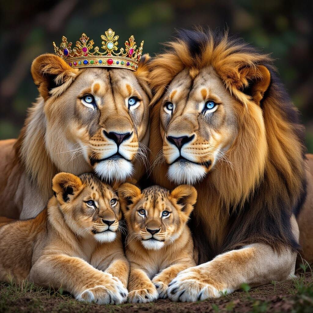 Lion Family Cuddling in a Flower Meadow