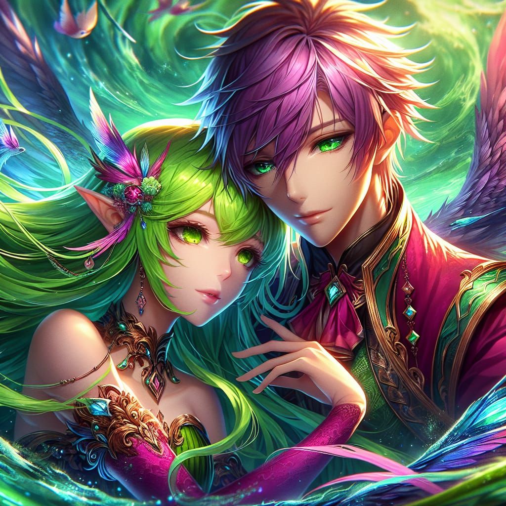 Anime Couple Embrace in Detailed Fantasy Painting