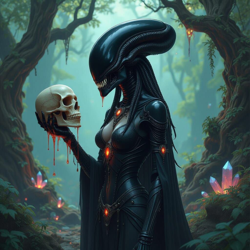 Xenomorph in a Hidden Grove, Art Nouveau Style