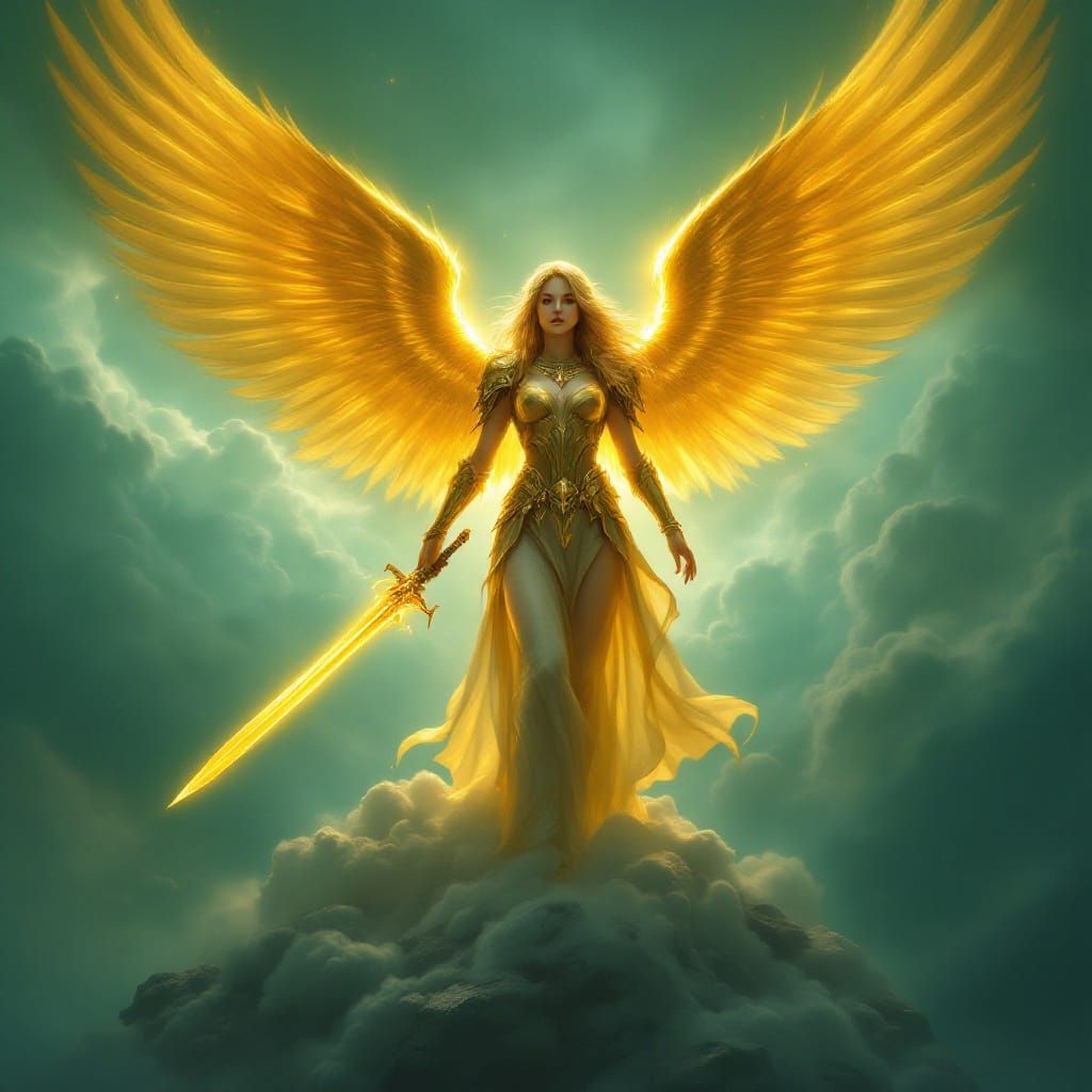 Epic Fantasy Warrior Angel in Golden Armor Ascends Amidst St...
