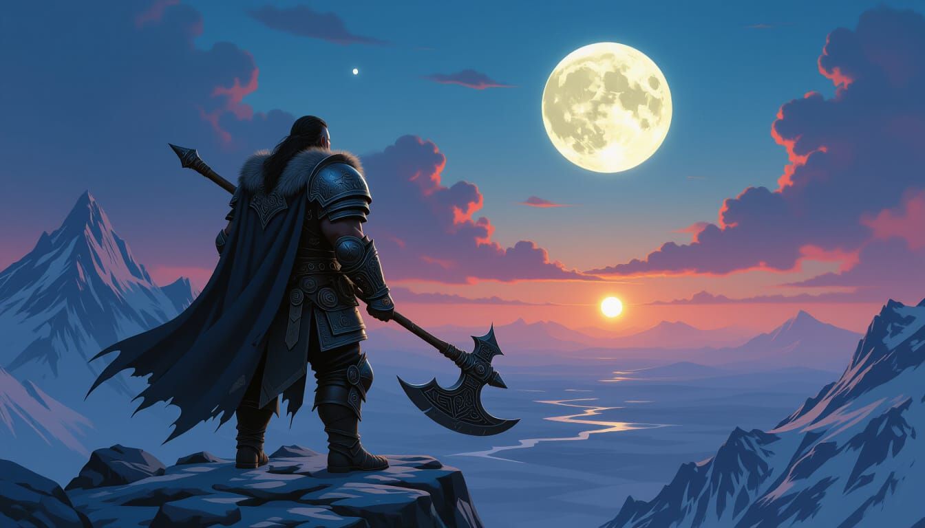 Dwarven Warrior Gazes at Alien Portal on Mountain Peak