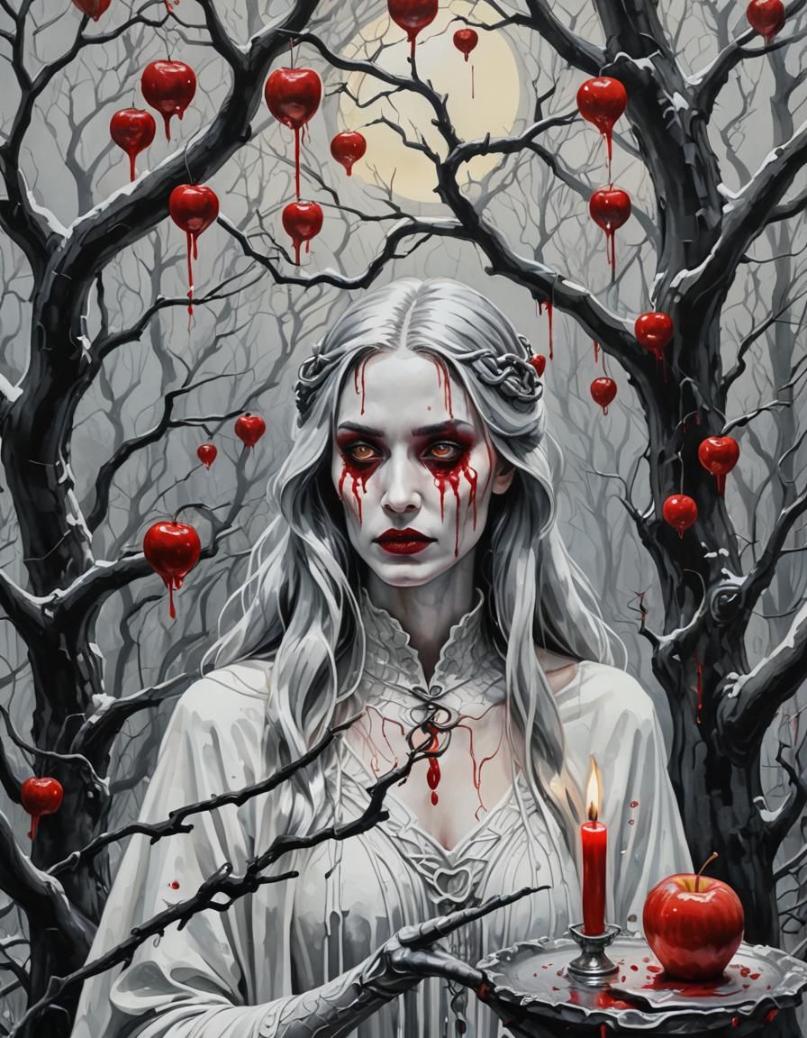 Gothic Vampire Woman with Blood-Red Apple, in Gouache Style