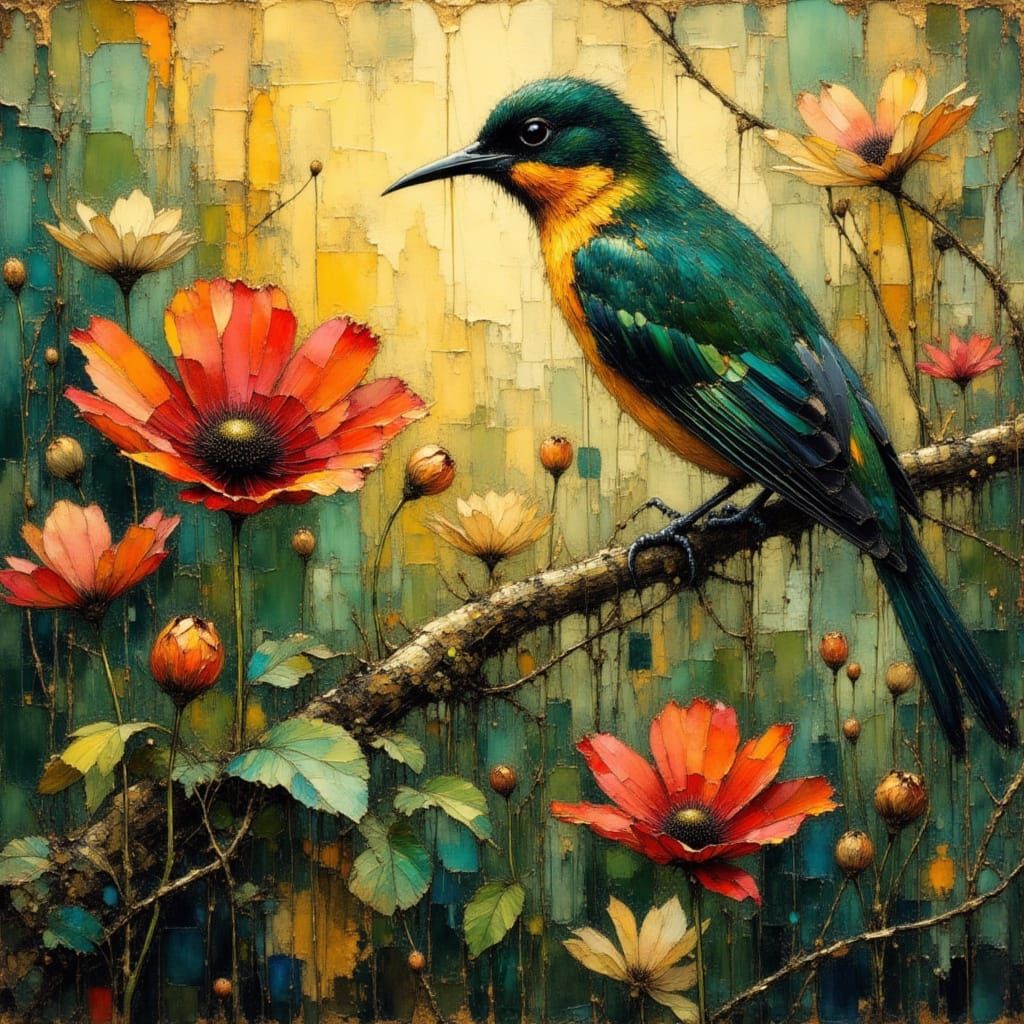 Mixed Media Art with Gold, Green, and Apricot Hues