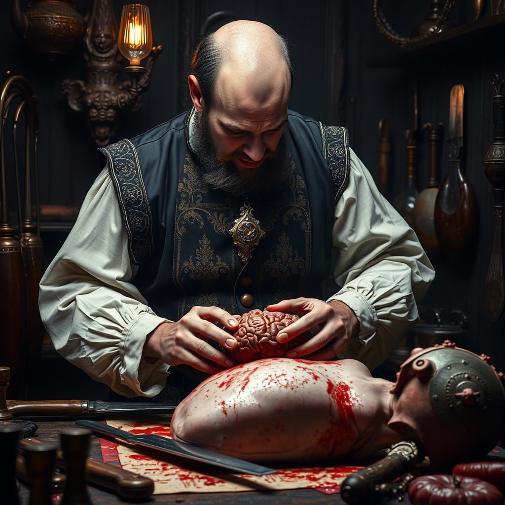 Renaissance Butcher Carving Brain in Grotesque Surrealism